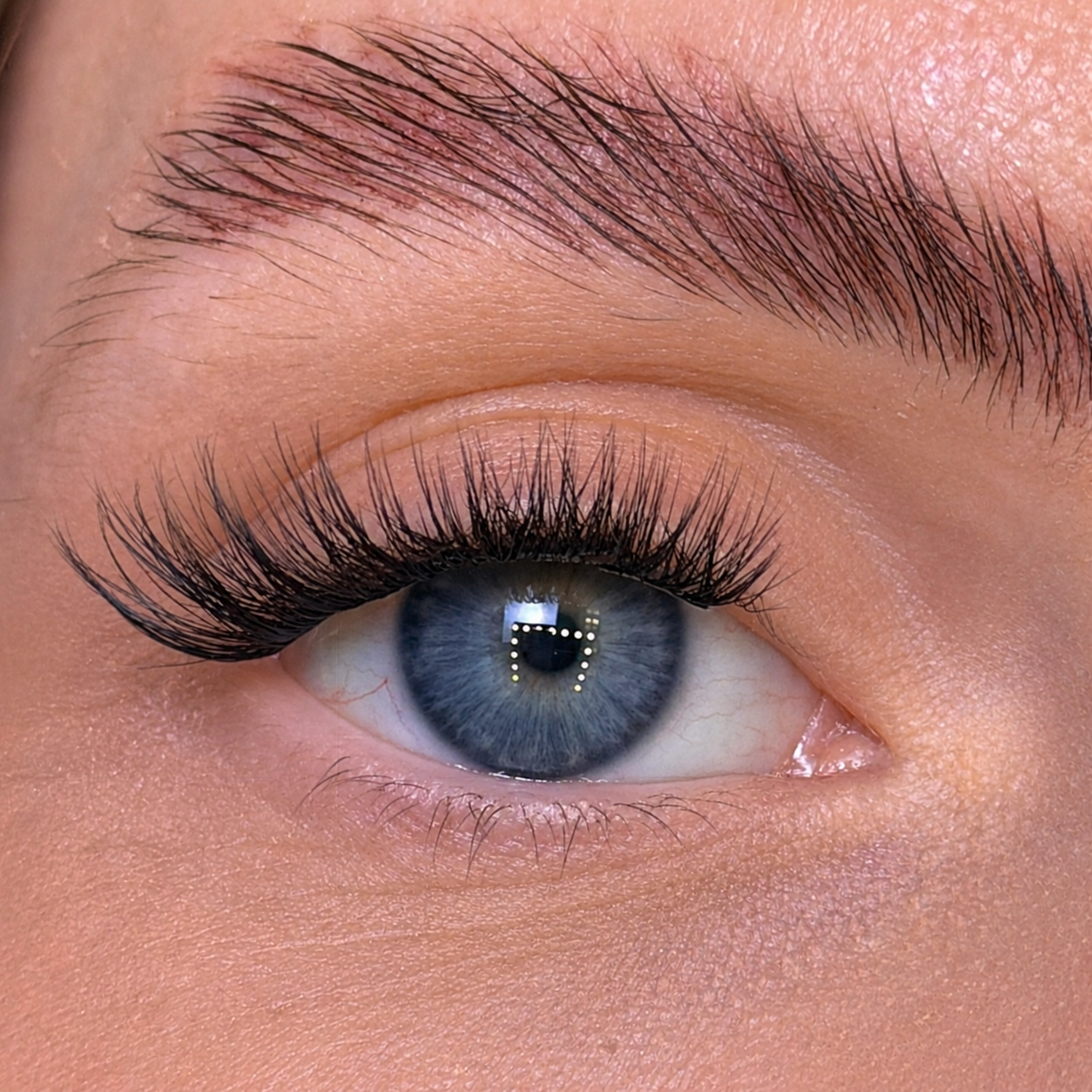 Close-up of a blue eye with long, dark eyelashes