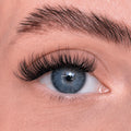 Close-up of a blue eye with long eyelashes