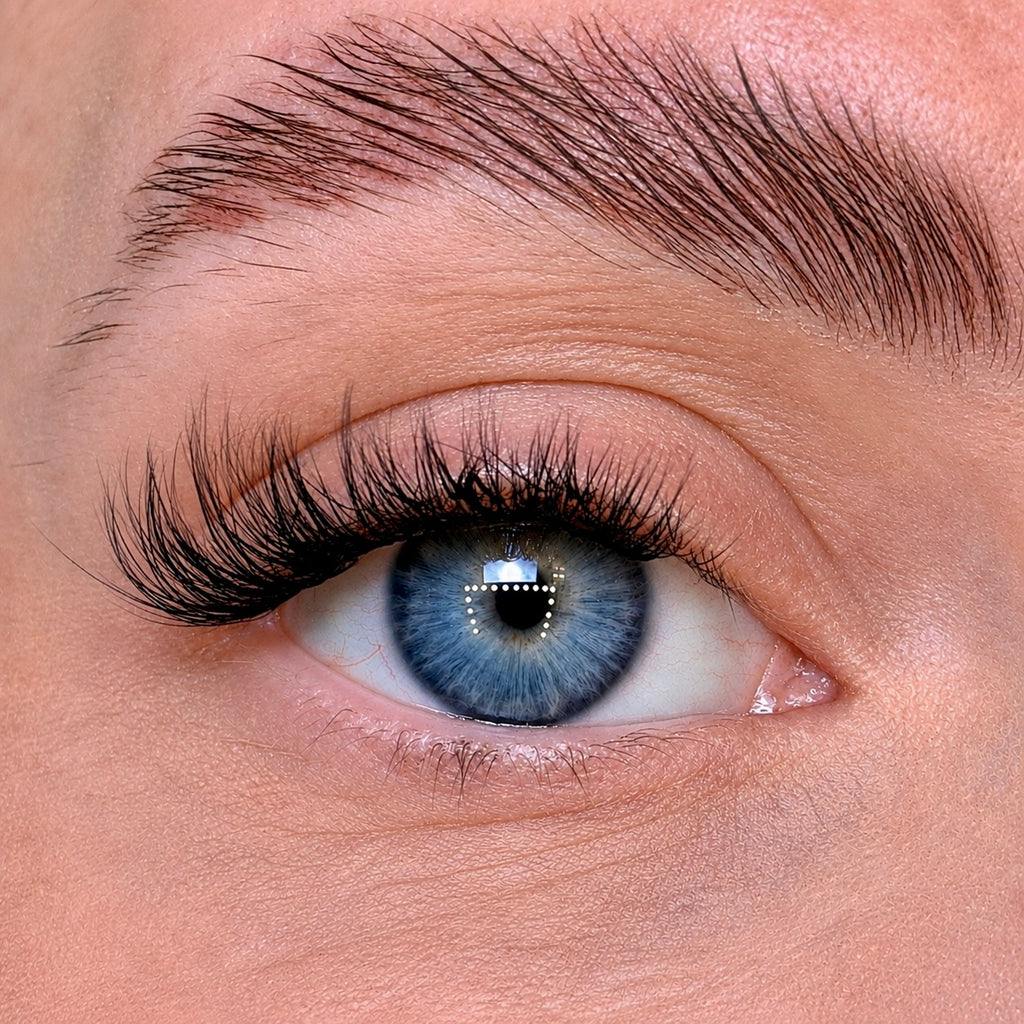 Close-up of a blue eye with detailed eyelashes and eyebrow.